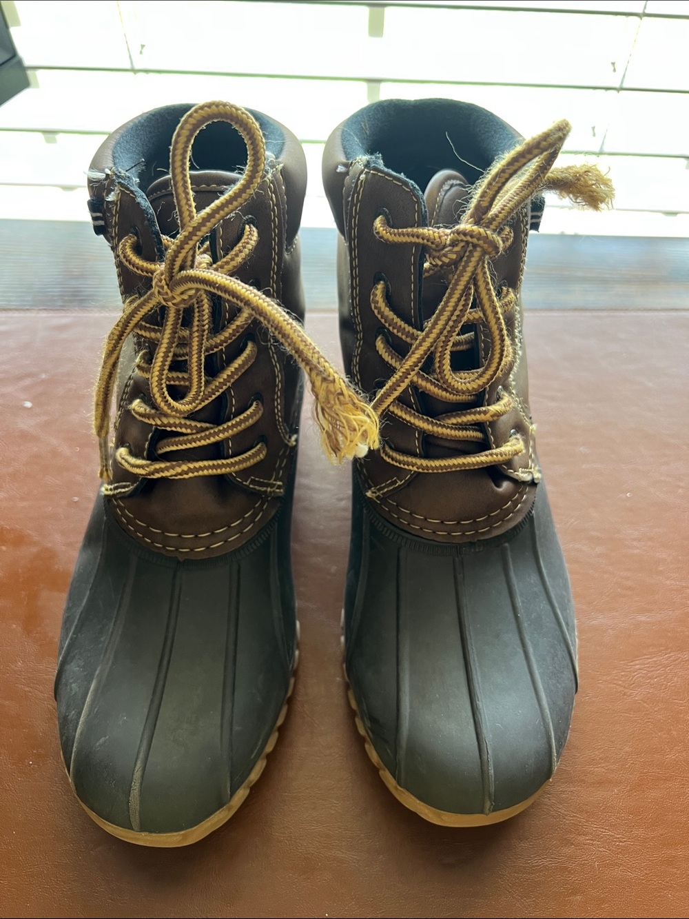 Nautica Boy’s Brown and Black Waterproof Duck Boots with Tan Laces